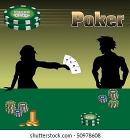 Colorful illustration with a man and a woman playing poker at a casino table. Gambling concept