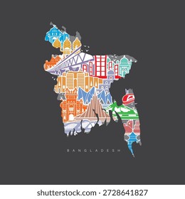 Uma ilustração colorida do mapa de Bangladesh, repleta de marcos emblemáticos, arquitetura, pontes, rios, colinas e um trem. simbolizando a cultura, o patrimônio e o desenvolvimento moderno do país.