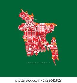 Eine farbenfrohe Illustration der Landkarte von Bangladesch, gefüllt mit Wahrzeichen, Architektur, Brücken, Flüssen, Hügeln und einem Zug.  als Symbol für die Kultur, das Erbe und die moderne Entwicklung des Landes. Welttouristentag