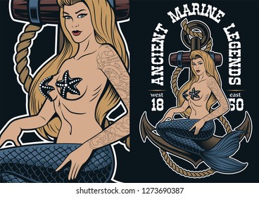 Colorful illustration of mermaid at the anchor in tattoo style. Perfect for shirt splints. Text is on the separate layer.