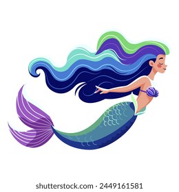 Una ilustración colorida de una sirena con el pelo que fluye, contra un fondo blanco, que encarna un tema de fantasía. Ilustración vectorial