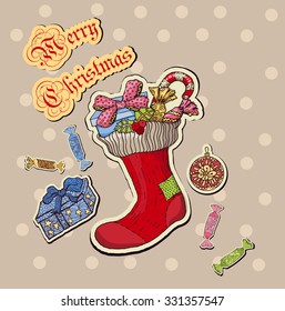 Colorful illustration for Merry Christmas and Happy New Year 2016 print design. Sticker with socks and candy sweets. Vector template.