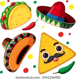 Ilustración colorida de comida mexicana y sombreros