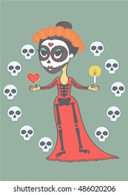 Colorful illustration with mexican girl in sugar skull makeup. Vector drawing of a girl for halloween or day of the dead.