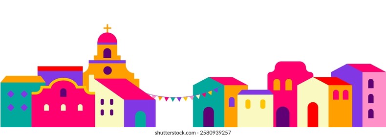 Colorful illustration of Mexican, Latin America street, village homes, fireworks, Cinco de Mayo celebration. Vector illustration