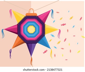 Colorful illustration of mexican party or posada pinata. Piñata.