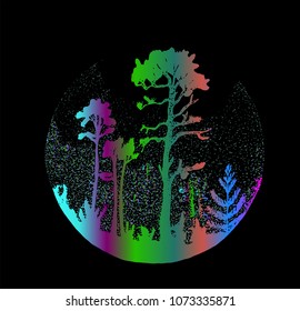 Colorful illustration of a misty forest. Trees and plants in the fog.