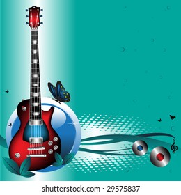 Colorful illustration with modern electric guitar and a blue butterfly