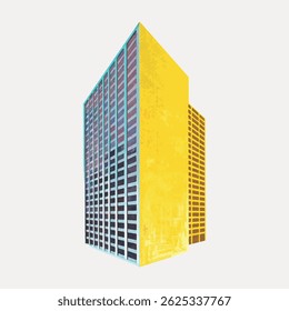 Colorful illustration of a modern skyscraper. The skyscraper features a yellow and blue facade. The skyscraper stands tall against a light background. Vintage art illustration vector.