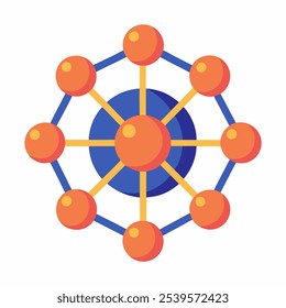 A colorful illustration of a molecule, featuring a central atom connected to surrounding atoms by bonds, representing chemical structures and interactions.