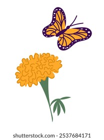 Colorful illustration of monarch butterfly flying near a vibrant marigold flower, symbolizing nature and beauty. Vector hand drawn clipart isolated on white background