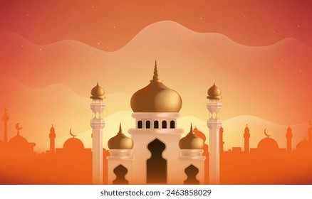 a colorful illustration of a mosque with a city in the background