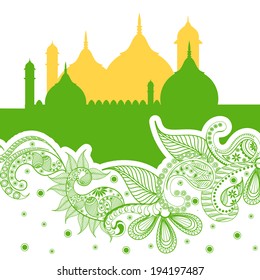 Colorful illustration of mosque on floral decorated background for holy month of muslim community Ramadan Kareem.