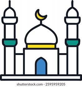 A Colorful Illustration of a Mosque with Two Minarets and a Crescent Moon
