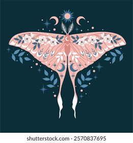 Colorful illustration with moth, flowers, floral elements and moon. Spring motifs.