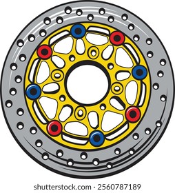 Colorful illustration of a motorcycle brake disc, highlighting intricate design and precision engineering. Perfect for automotive and design enthusiasts