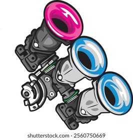 Colorful illustration of a motorcycle throttle body, showcasing innovative engineering and vibrant styling. Perfect for automotive enthusiasts and mechanical design aficionados