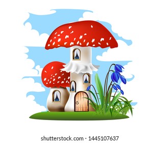 Colorful illustration of a mushroom house with a red roof. Fairy tale vector illustration.