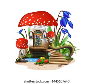 Colorful illustration of a mushroom house with a red roof. Fairy tale vector illustration.