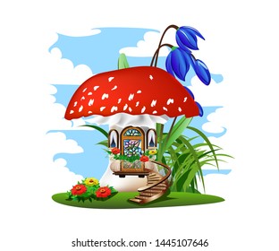 Colorful illustration of a mushroom house with a red roof. Fairy tale vector illustration.