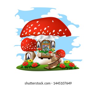 Colorful illustration of a mushroom house with a red roof. Fairy tale vector illustration.