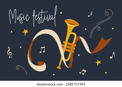 Colorful illustration of a music festival with a trumpet and decorative elements