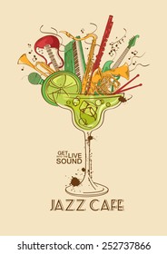 Colorful illustration with musical instruments in a cocktail glass. Jazz cafe concept. Musical creative invitation, label or menu