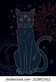 colorful illustration of mystic cat with mystic space