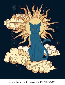 colorful illustration of mystic cat with sun and clouds