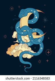 colorful illustration of mystic snake with half moon and clouds