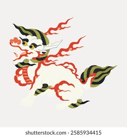 Colorful illustration of a mythical creature with flames, resembling a dragon or lion. The creature is vibrant, with dynamic flames and mythical features. Vintage art illustration, vector.