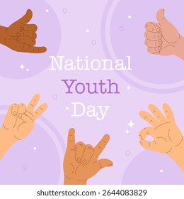 Colorful illustration for National Youth Day with diverse hands making positive gestures. Bright, cheerful design perfect for celebration, equality, youth empowerment and social media.

