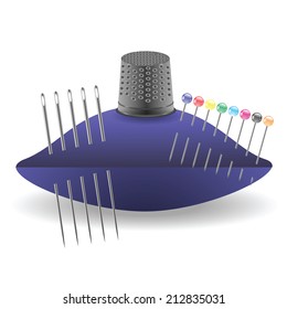 colorful illustration with needles and thimble a white background