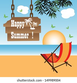 Colorful illustration with a nice beach, extensible chair and a wooden plate with the text Happy summer hanging on some chains