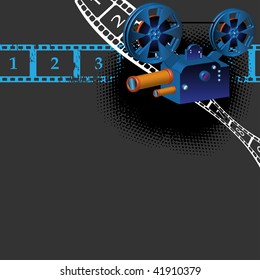 Colorful illustration with numbered filmstrips and ancient movie camera
