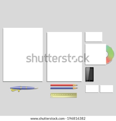 colorful illustration with office supplies on a gray background for your design