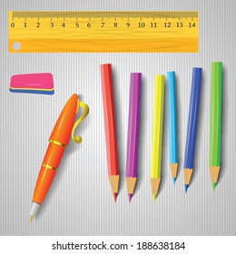 colorful illustration with office tools on a gray striped  background for your design