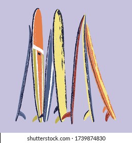 Colorful illustration of old surfboards lined up.