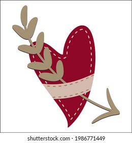 An colorful illustration on a transparent background. It is an isolated  red heart with twig . Ideal for greeting cards, web banners and custom mugs or t-shirts.