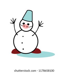 Colorful snowman’s illustration on white background with piggy nose mask. Funny snowman with hands up vector illustration. Winter hero with piggy nose for new year 2019.