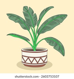 A colorful illustration of an ornamental banana plant in a decorative pot. Features large green leaves and an earthy-toned pot. Perfect for botanical themes, home decor, and nature-inspired designs.