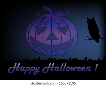 Colorful illustration with an owl watching the city during the night and an evil Halloween pumpkin floating like a ghost above the city. Halloween theme