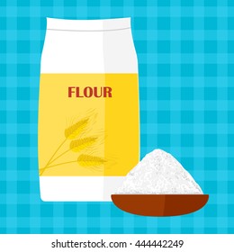 Colorful illustration of package of flour. Baking and cooking Ingredients. Healthy organic food. Flour cartoon vector. Dough cooking. Organic product.