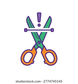 a colorful illustration of a pair of scissors with green blades and orange handles, crossed over each other, with a purple exclamation mark above them