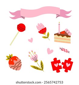 Colorful illustration of party elements featuring desserts, flowers, and decorations