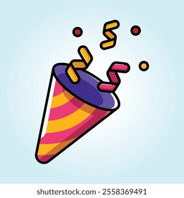 A colorful illustration of a party popper exploding with confetti. Perfect for party invitations and celebratory designs