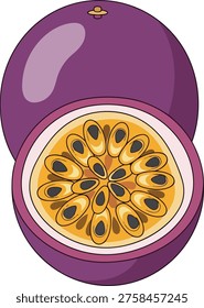 A colorful illustration of a passion fruit, featuring both a whole fruit with a smooth, purple rind and a cross-section revealing the juicy pulp and seeds.