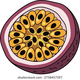 A colorful illustration of a passion fruit slice, showcasing its unique seeds and vibrant colors. Perfect for tropical fruit themes.