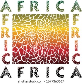 Colorful illustration pattern background giraffe skins, heads and text Africa