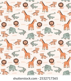 Ilustração colorida do padrão com animais selvagens no estilo de crianças. Arte para impressão em tecidos, papel de parede, papel de parede, papel de presente, etc.